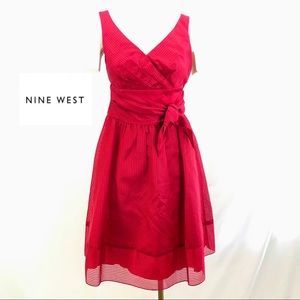 Nine West Red Fit Flare Dress 100% Silk Taffeta 6